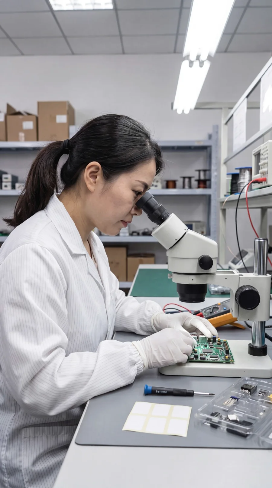 Engineer inspecting a circuit board under a microscope